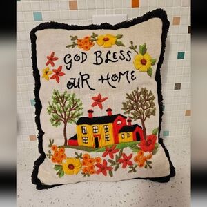 Vintage Crewel Embroidered Pillow God Bless Our Home